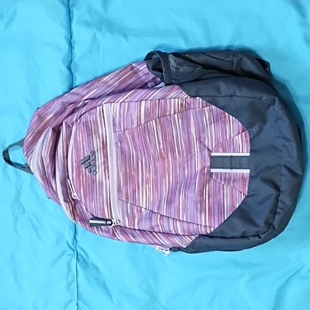 Adidas backpack, gray with variegated pink purple peach